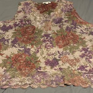 Coldwater Creek Flower Print and Lace V Neck Sleeveless Shirt Size XL